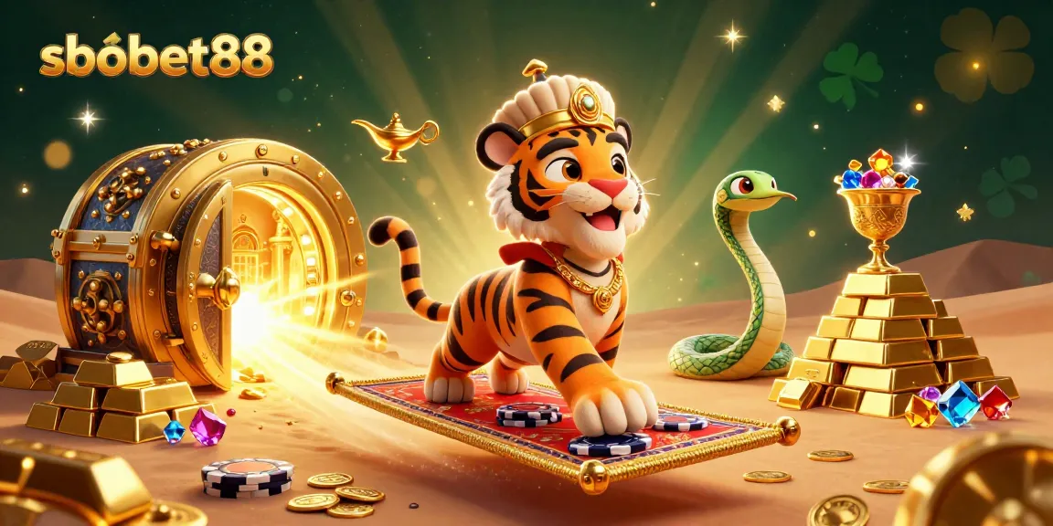 Engage with sbobet88 by exploring exotic adventures and spectacular treasures in this vibrant illustration.