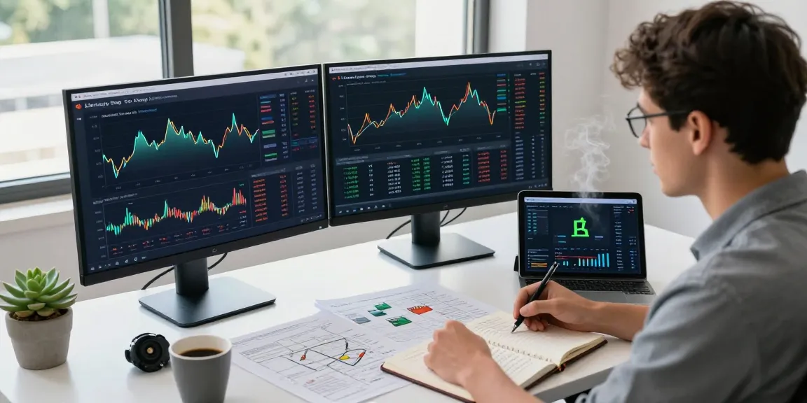 LibertySwap finance workspace with screens showing cryptocurrency trends, modern office setting.