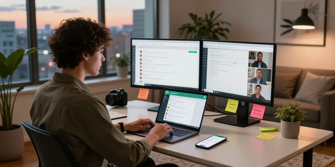 Young professional using WhatsApp網頁版 on a laptop in a modern home office.