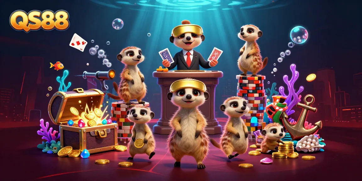 QS88 meerkats manage a vibrant casino operation surrounded by underwater treasures and game elements.