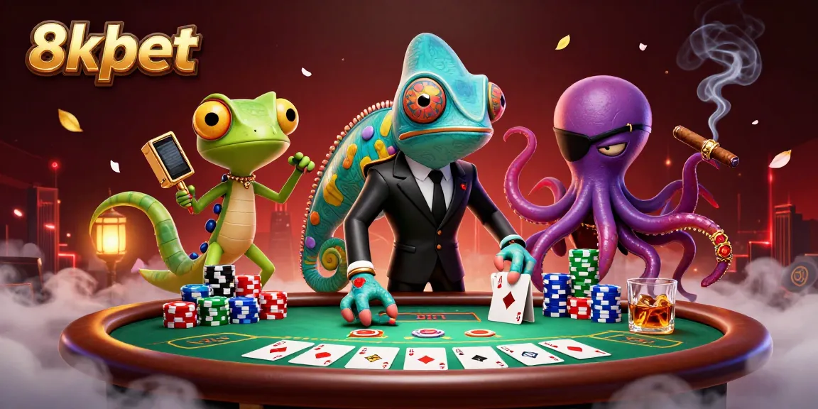 Play poker at 8xbet with a vibrant 3D illustration of thrilling casino characters and game elements.