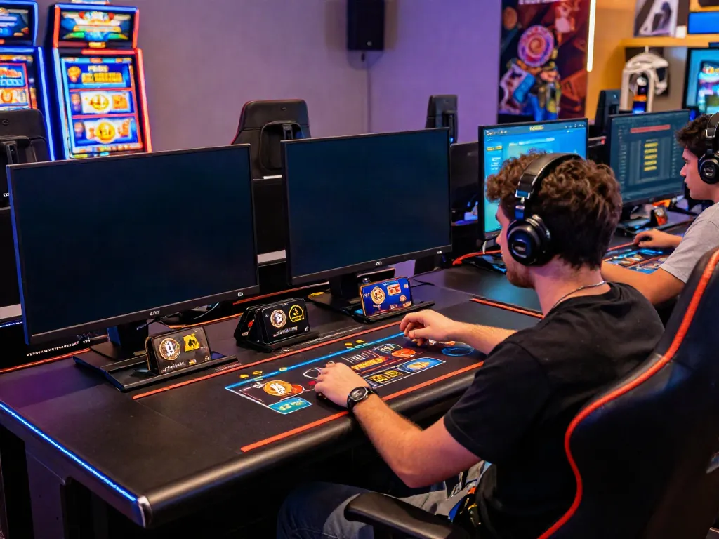 Player enjoying a thrilling Bitcoin casino game on multiple screens, showcasing vibrant slot graphics and live dealer.