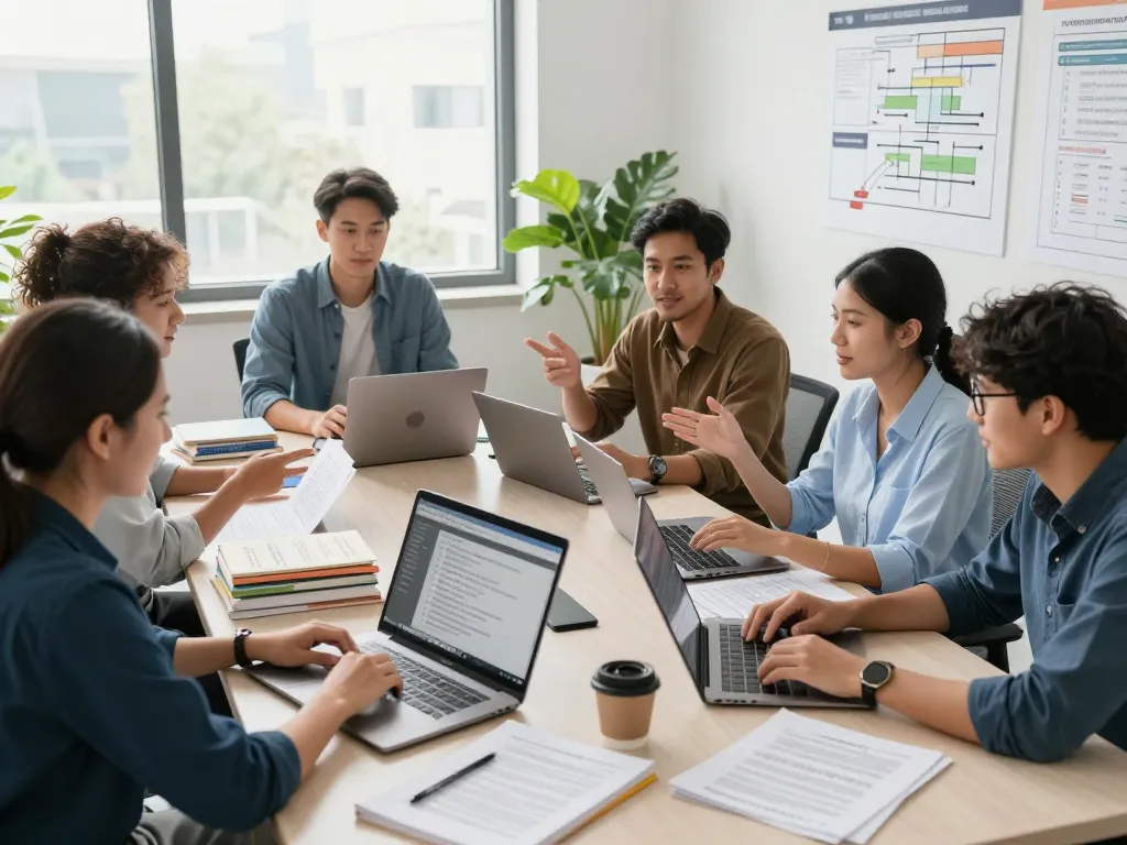 Team collaborating on high-quality 번역 서비스 in a modern office, showcasing translation workflows and diverse languages.