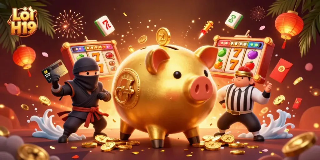 Engage in Lỗi H19 gaming action with a vibrant scene featuring golden piggy banks and slot reels.
