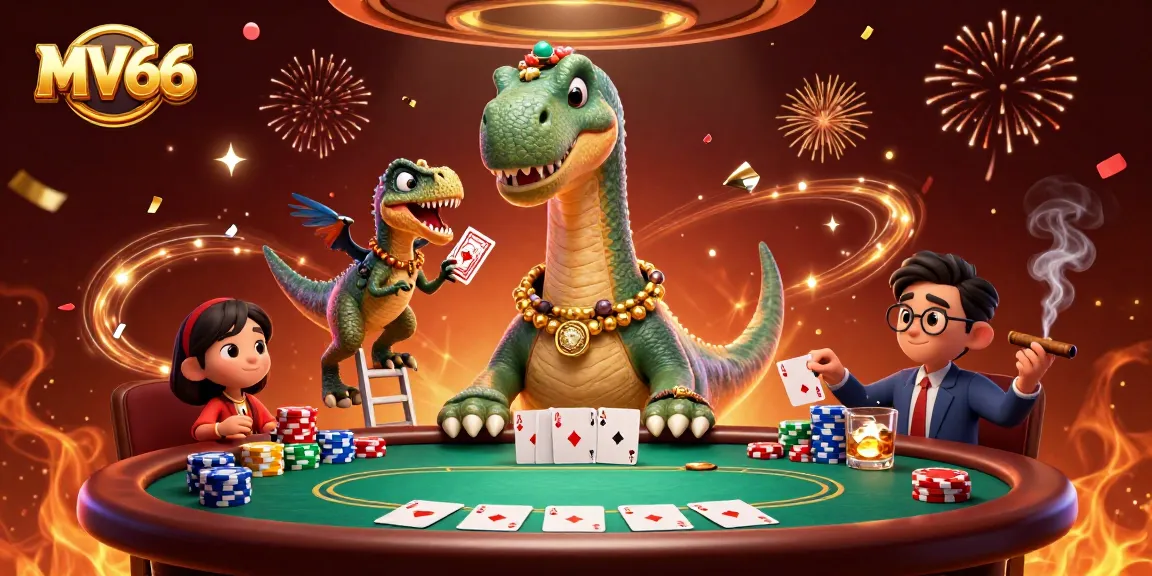 MV66 brings excitement with a towering brontosaurus overseeing thrilling poker action in a vibrant casino scene.