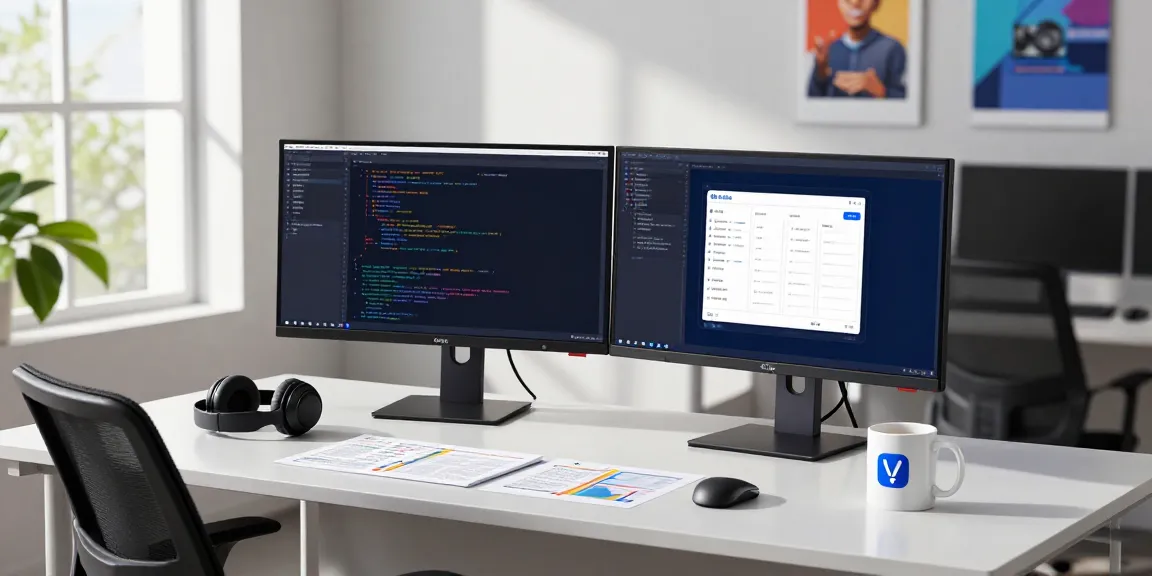 Developer working with dual monitors showcasing code and user interface design for 快连 software in a modern office.