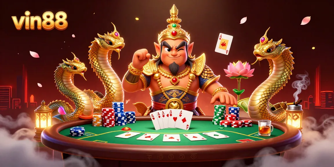 Engage with vin88 in this vibrant scene showcasing a dynamic poker game surrounded by enchanting elements.