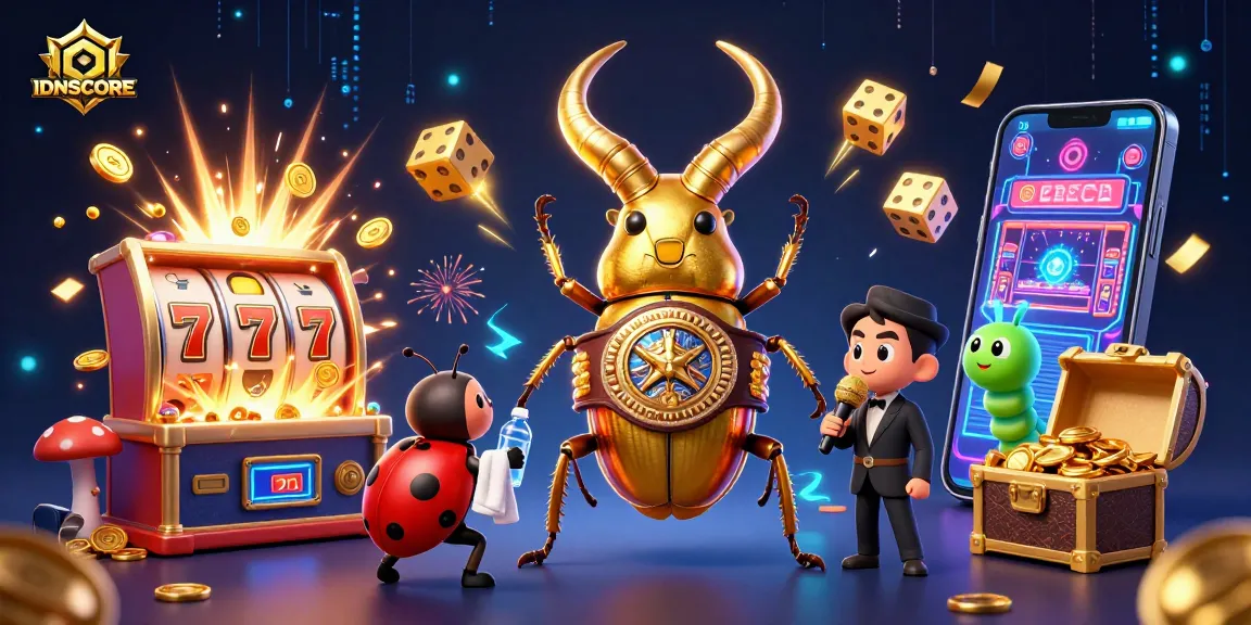 IDNSCORE showcases vibrant 3D slot action with a golden stag beetle and lucky symbols.