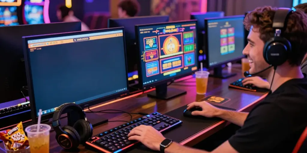 Excited gamer enjoying Casino Gratuit sans depot on a vibrant computer setup, surrounded by gaming accessories.