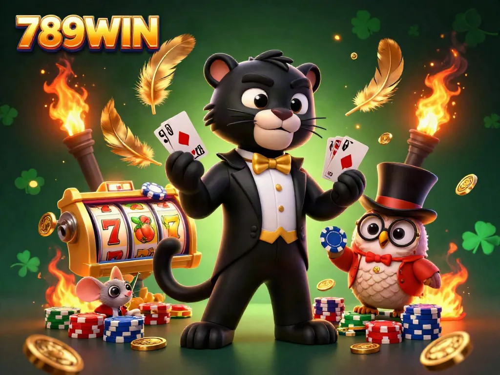 Experience the thrill of 789WIN with an elegant panther dealing cards in a luxurious casino setting, surrounded by vibrant game elements.