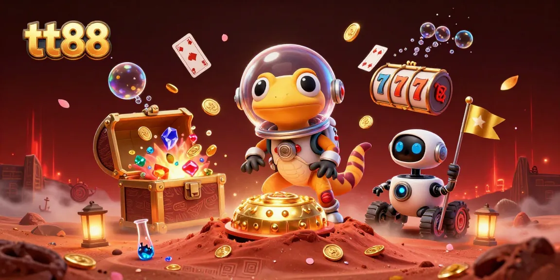 Experience tt88 with a Martian gecko uncovering a golden casino, surrounded by vibrant slot reels and shimmering treasures.
