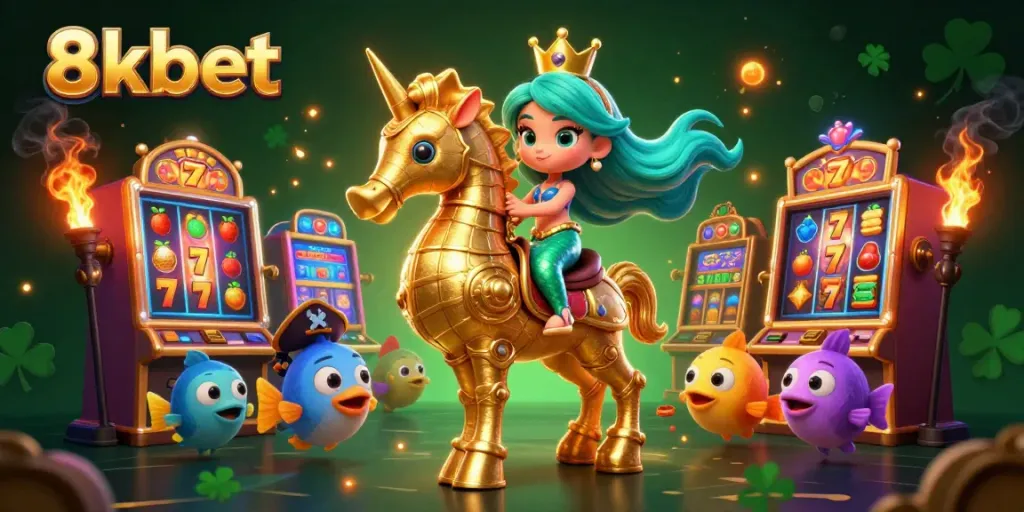 Experience a vibrant 8xbet casino scene with cartoon characters and exciting slot machines.