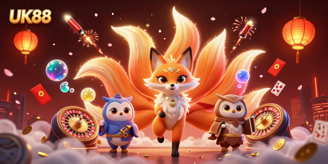 Experience UK88's vibrant casino adventures with a nine-tailed fox and wise owl among gaming marvels.