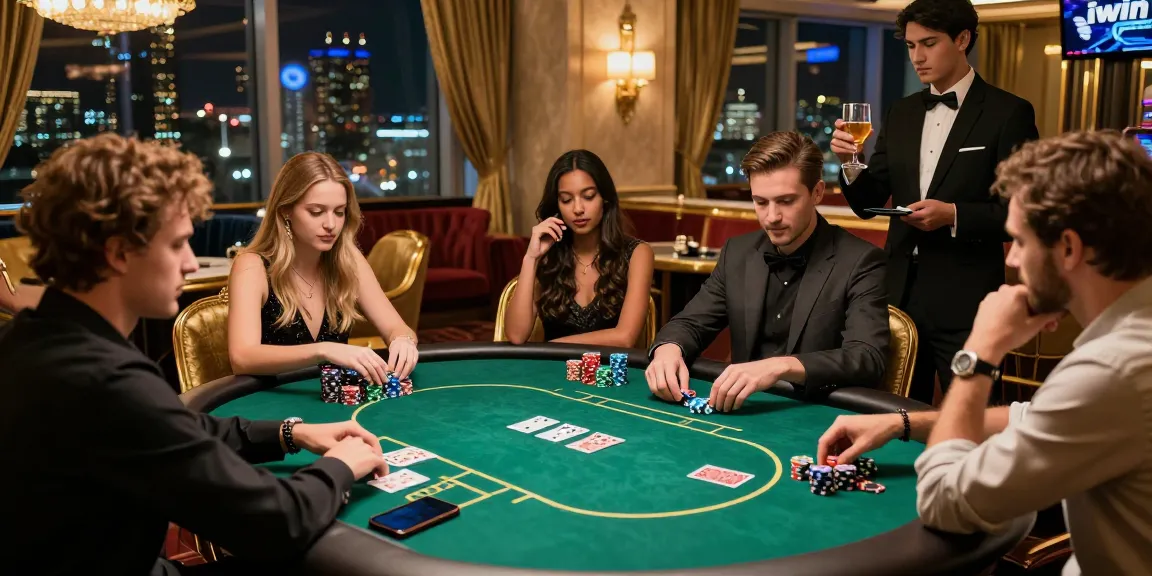 Group of friends enjoying a poker game in a luxurious casino lounge, highlighting the iwin gaming experience
