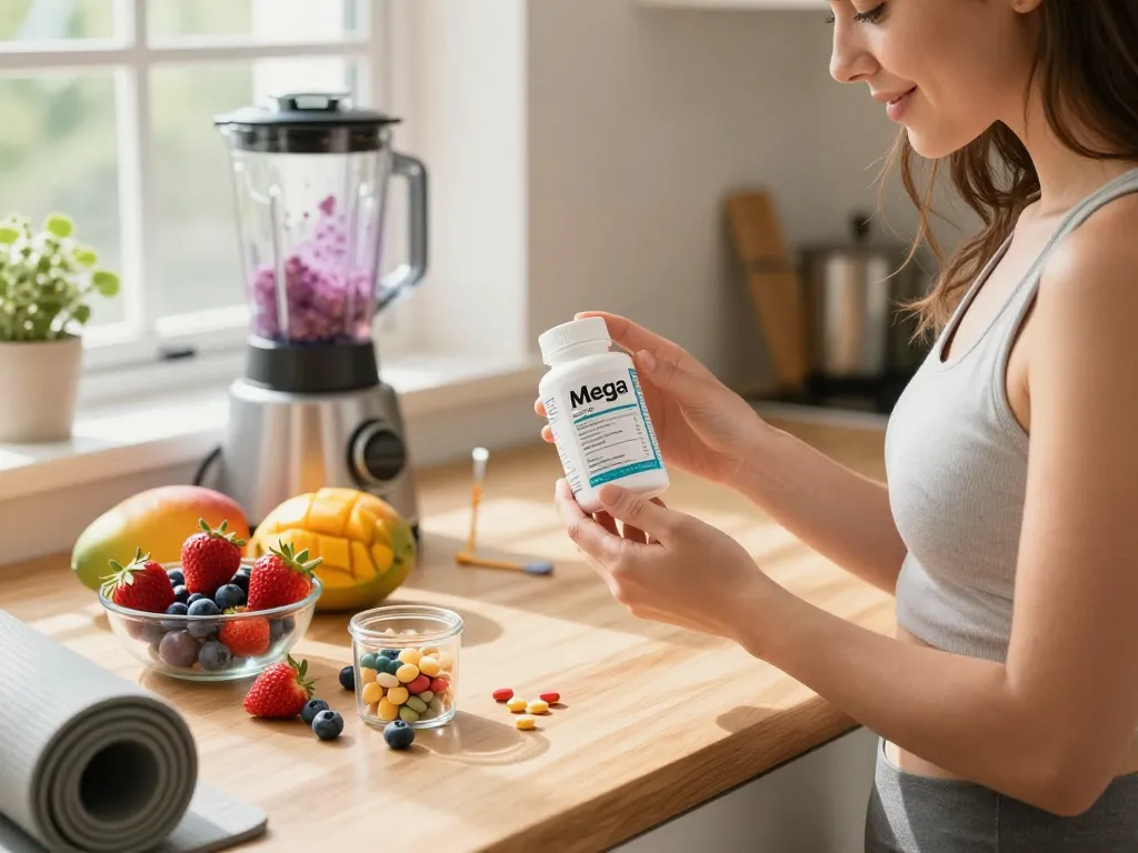 Xuno Mega tablets showcased with fresh fruits in a bright kitchen, promoting healthy living.
