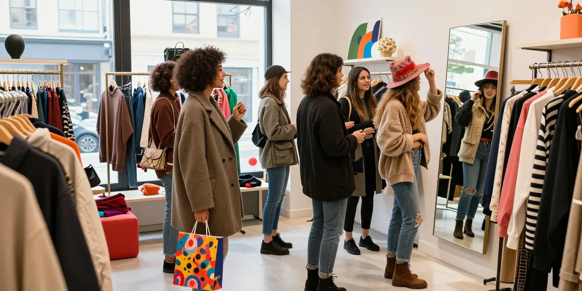 Urban shopping scene showcasing vibrant fashion items at https://forumup.org/shop/search.php?ca_id=&addr1=&addr2=&addr3=&schKeyword, friends enjoying a trendy boutique.