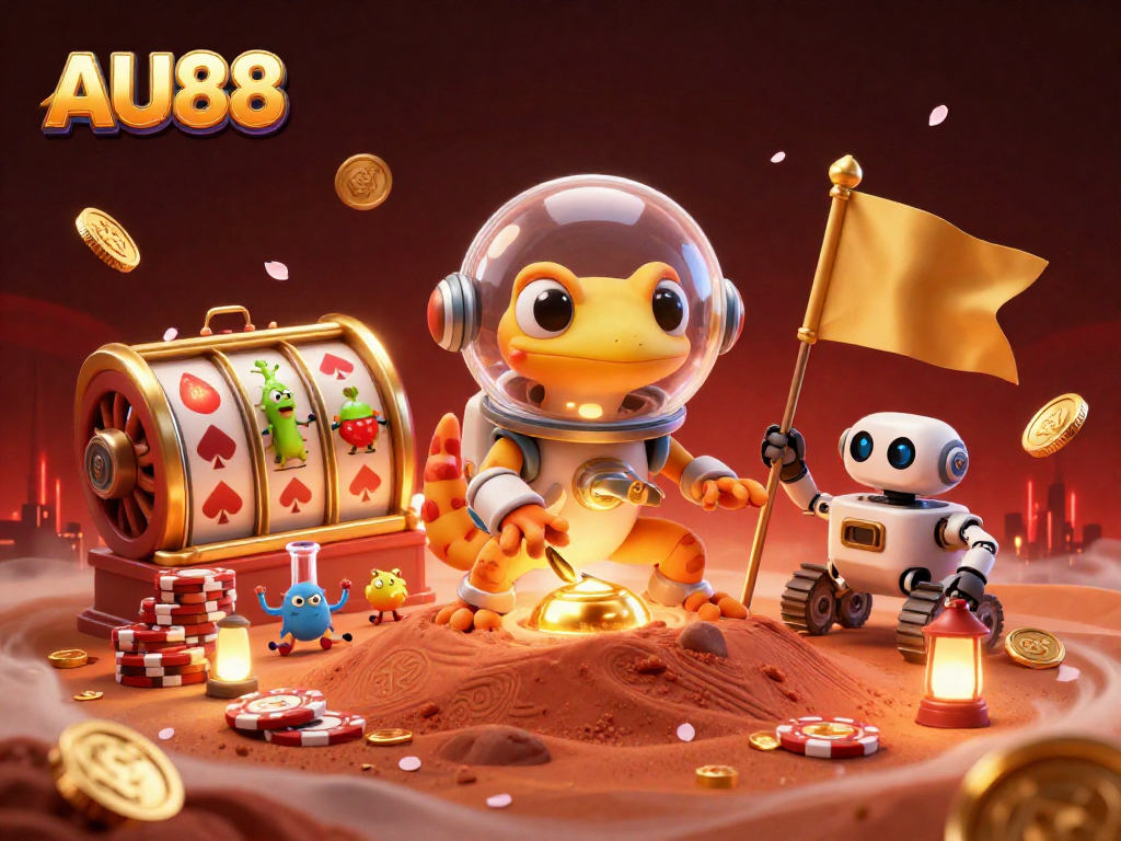 Experience the excitement of AU88 with a Martian gecko discovering a casino in this vibrant digital artwork.