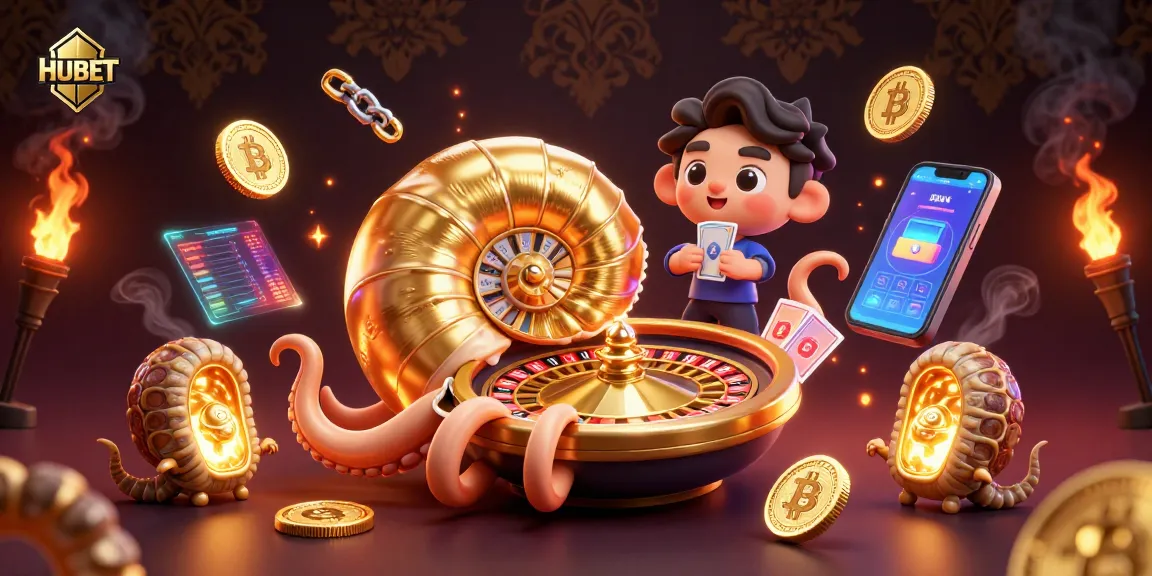 Engage with HUBET's vibrant gaming experience featuring a giant nautilus roulette wheel and crypto elements.