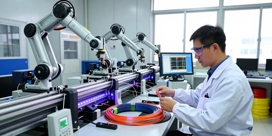 Technician inspecting high-quality fiber optic cable in a modern manufacturing facility.