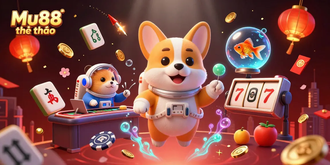 Mu88 thể thao gaming scene with a cartoon astronaut corgi and vibrant casino elements