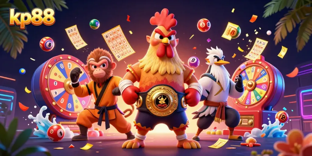 Engage with kp88 in this vibrant casino scene featuring dynamic lottery elements and colorful characters.