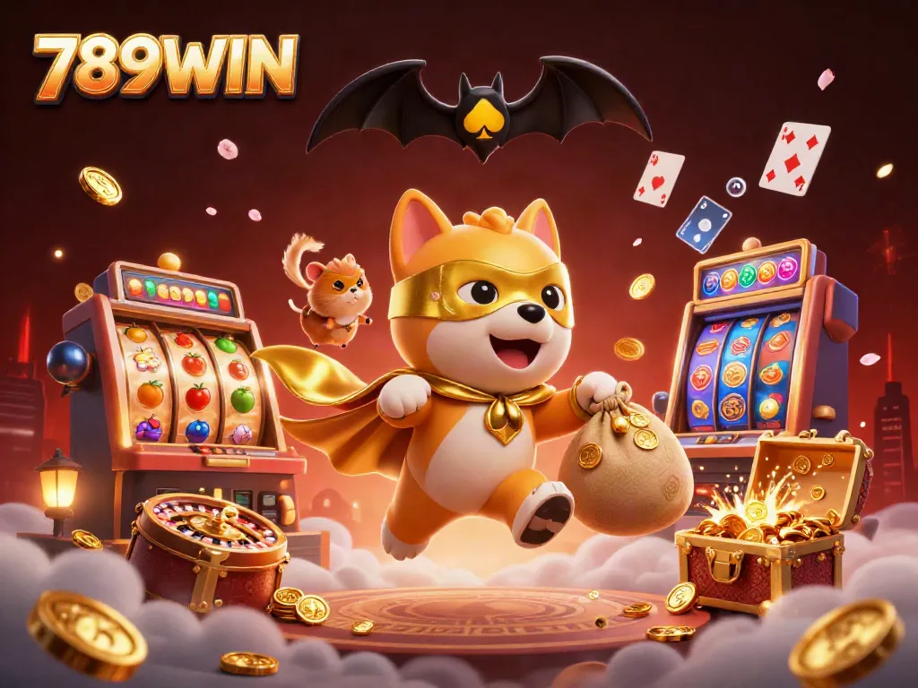 Experience thrilling fun at 789WIN with a superhero dog and hamster amidst exciting casino symbols.
