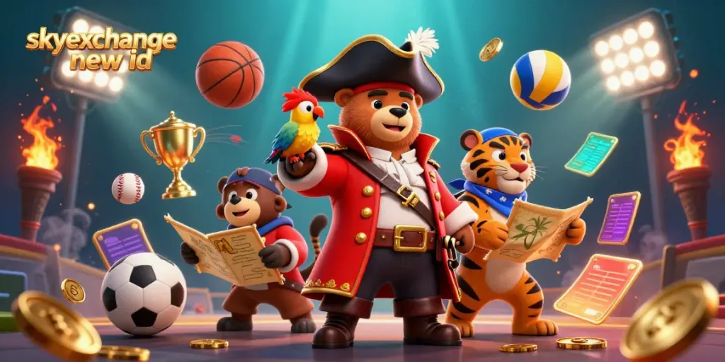 Experience thrilling betting with the skyexchange new id, featuring a cartoon pirate bear and tiger amidst sports elements.