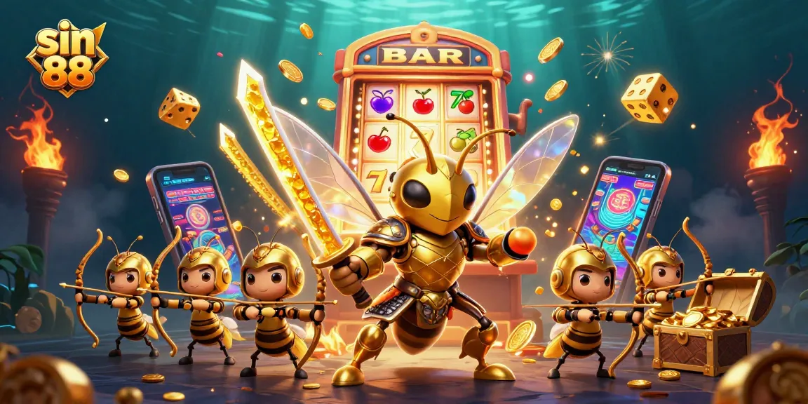Experience big wins with sin 88 in this vibrant casino-themed illustration showcasing dynamic slot machines and characters.
