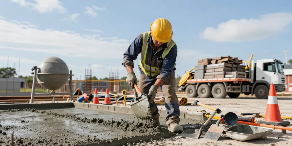 NAGA2000 concrete mix being poured at a professional construction site with various tools and safety measures.
