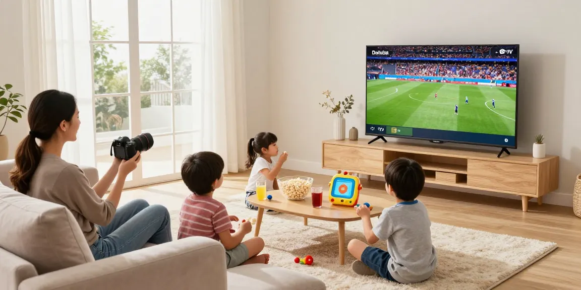Family enjoying IPTV subscription in a cozy living room with sports on smart TV.