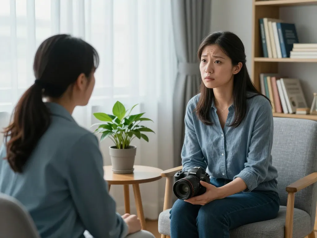 Professional therapy session addressing抑鬱症 in a calming consultation room with natural light.