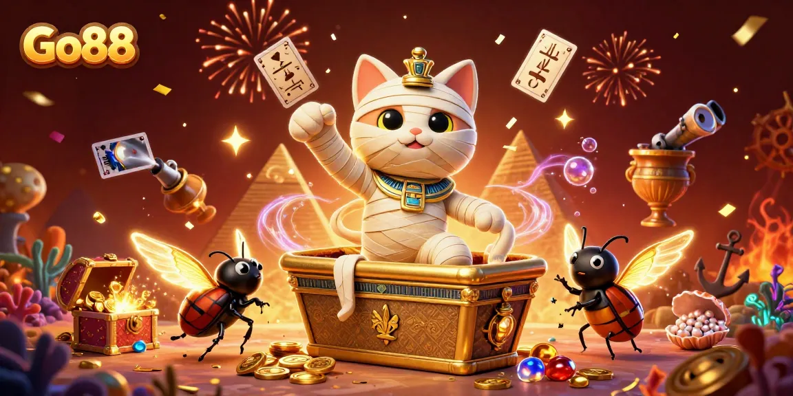Go88 captivates players with a vibrant illustration of a mummy cat and its treasures in a casino