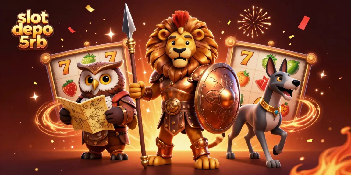 Win big with slot depo 5rb in a vibrant casino-themed 3D illustration.