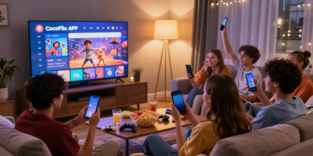 Teens streaming movies using the CocoFlix APK on a smart TV during a lively movie night