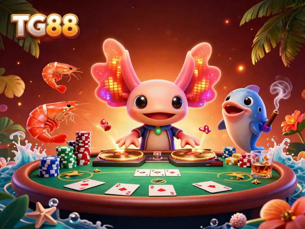 Experience thrilling gaming action at TG88 with neon-lit characters and vibrant poker elements.