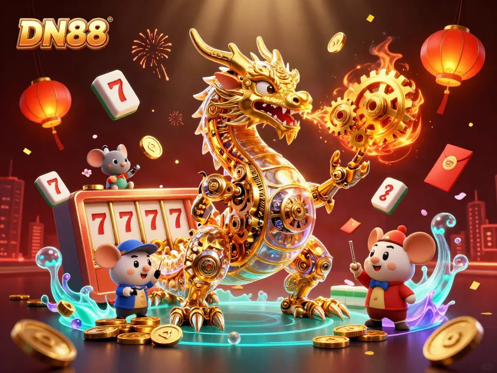 Experience thrilling gaming action at DN88 with a golden dragon and vibrant slot reels