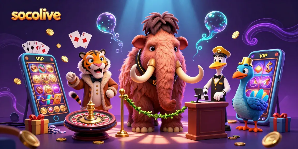 Socolive brings excitement as a cartoon mammoth checks IDs at a vibrant casino entrance with dynamic gaming elements.