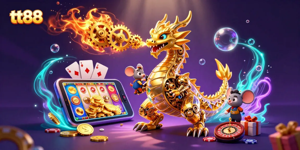 Experience thrilling slots and jackpots with tt88 in a vibrant 3D casino scene filled with action.