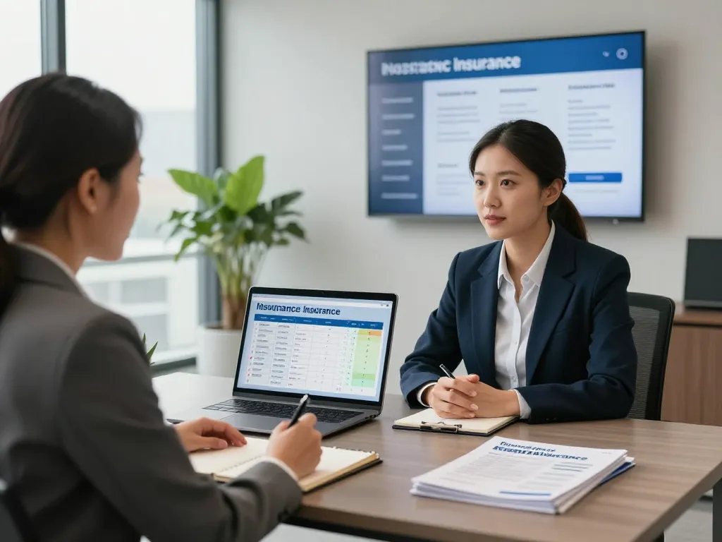 Get truck insurance quote in a professional office setting with an agent assisting clients on insurance options.