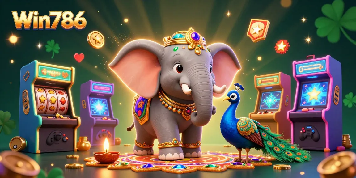 Win786 features an engaging casino-themed scene with ornate Diwali elephant and gaming elements.