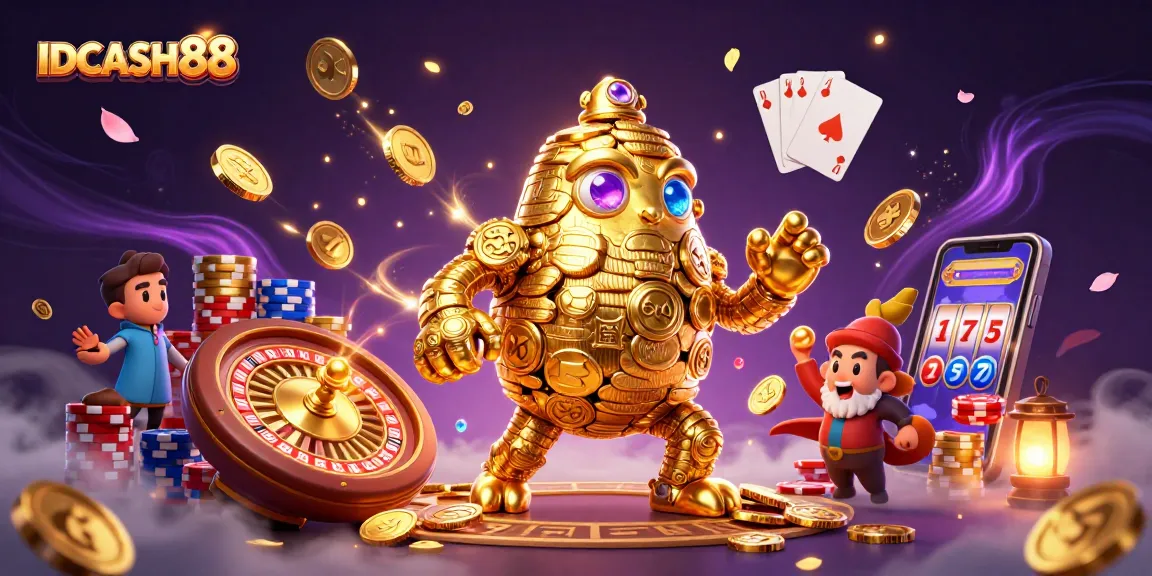 IDCASH88 players engaging with a vibrant 3D casino scene featuring a golden golem and dynamic game elements