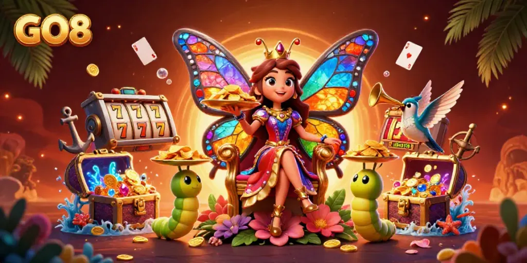 Experience thrilling gameplay with GO8's vibrant casino scene featuring colorful slot reels and a whimsical butterfly queen.