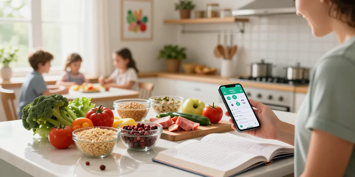 Tracking meals with the best calorie tracker app in a bright kitchen focused on healthy ingredients.