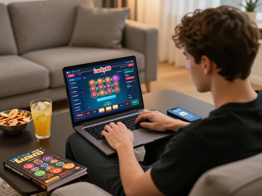Player enjoying a thrilling session on the lucky88 online casino while seated at home on a cozy sofa.
