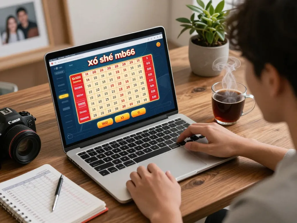 xổ số mb66 lottery game interface showcased on a laptop in a cozy home setting