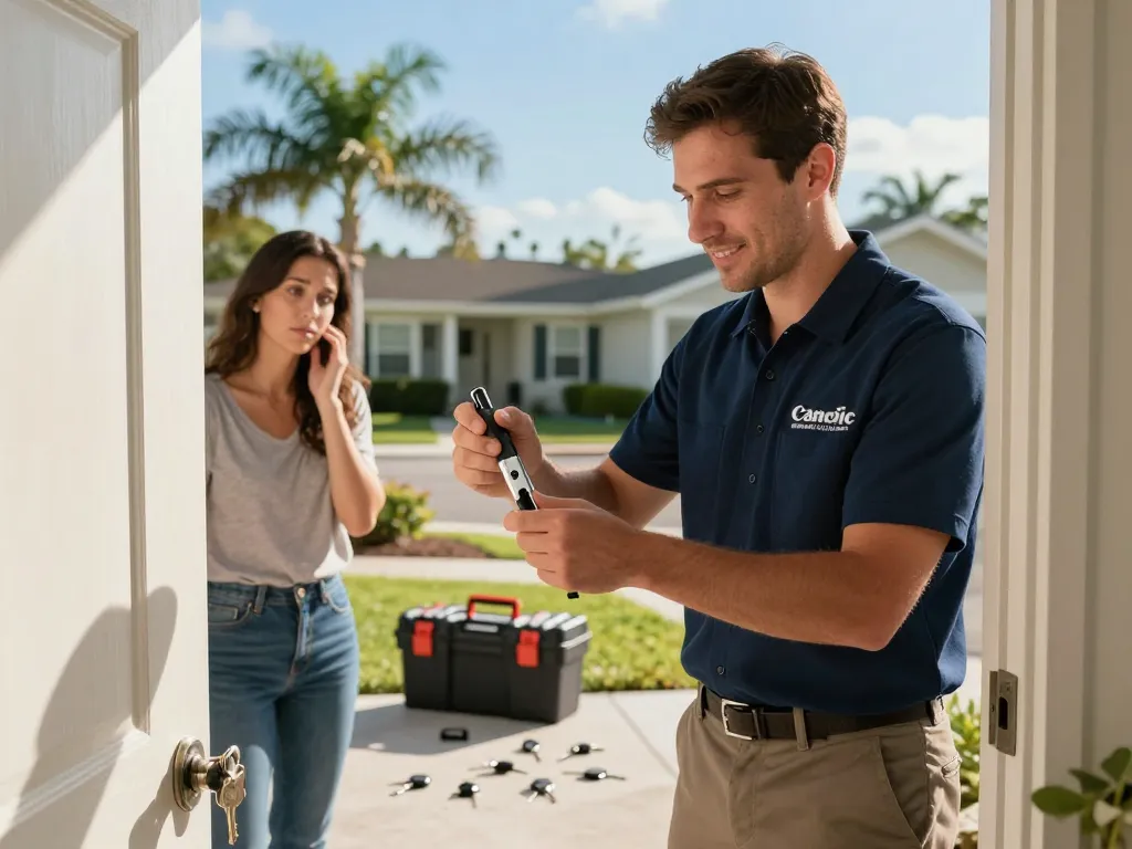 Locksmith Stuart FL providing expert service on a residential door with tools and keys.