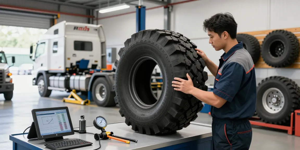 Technician inspecting heavy-duty Double Coin RR99 tires in an automotive service garage.