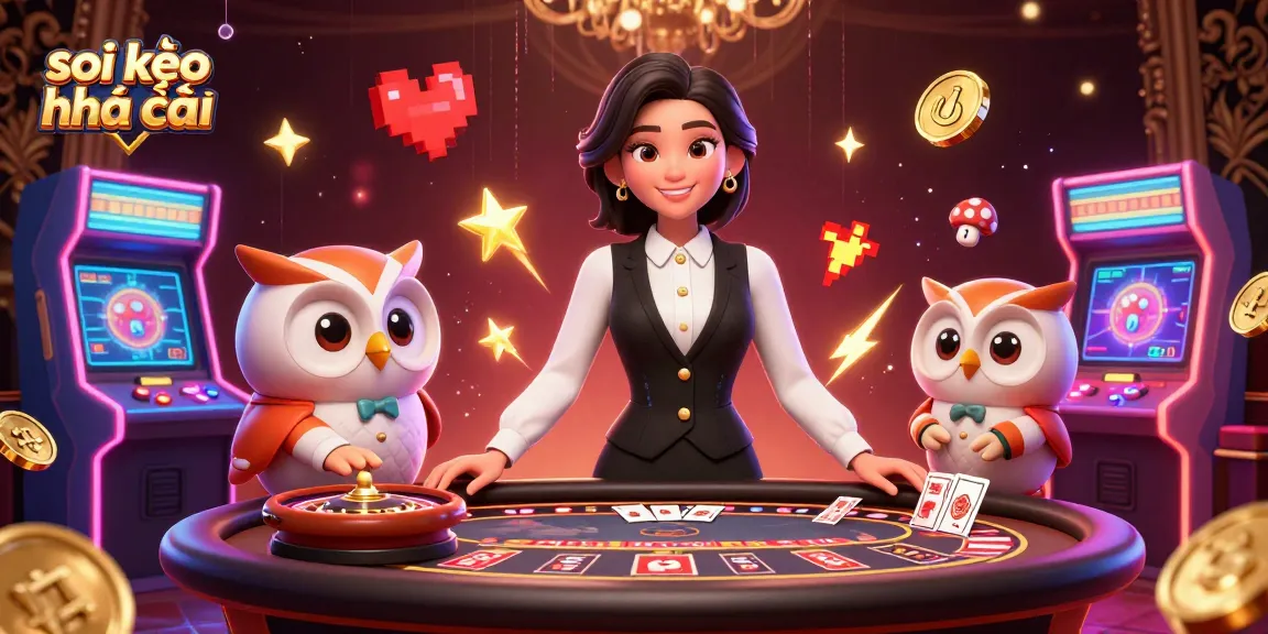Savor the excitement of "soi kèo nhà cái" with our dynamic casino illustration showcasing expert dealers and vibrant gaming elements.