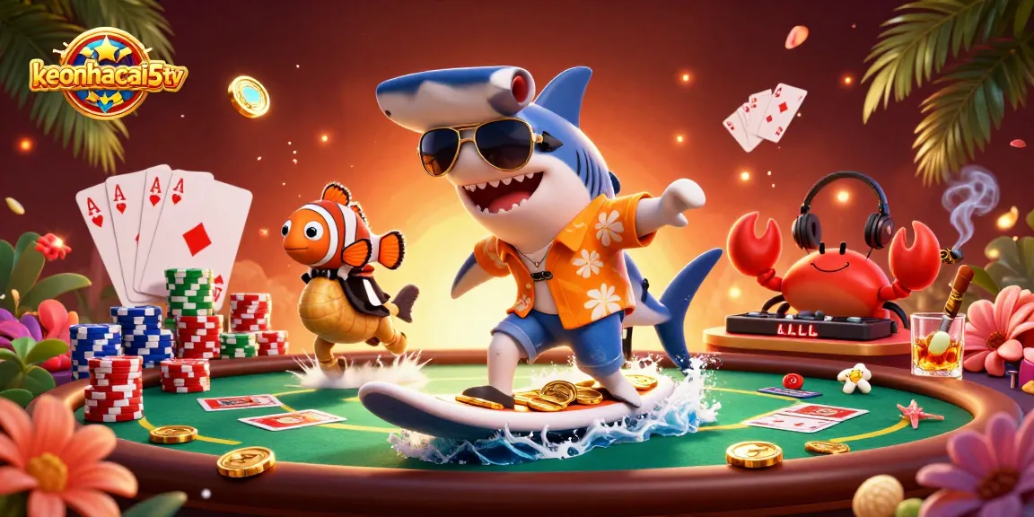 Experience thrilling moments in gambling with keonhacai5tv's animated scene of a shark surfing gold coins.