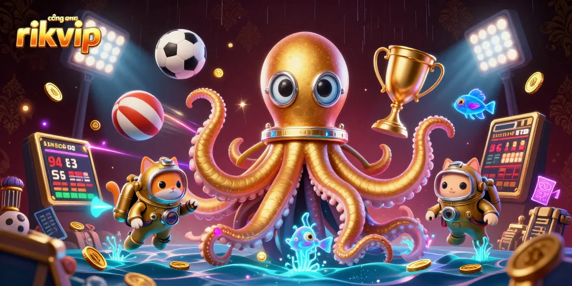 Experience thrilling gameplay at cổng game rikvip with an exciting dynamic illustration featuring a kraken and diving cat.